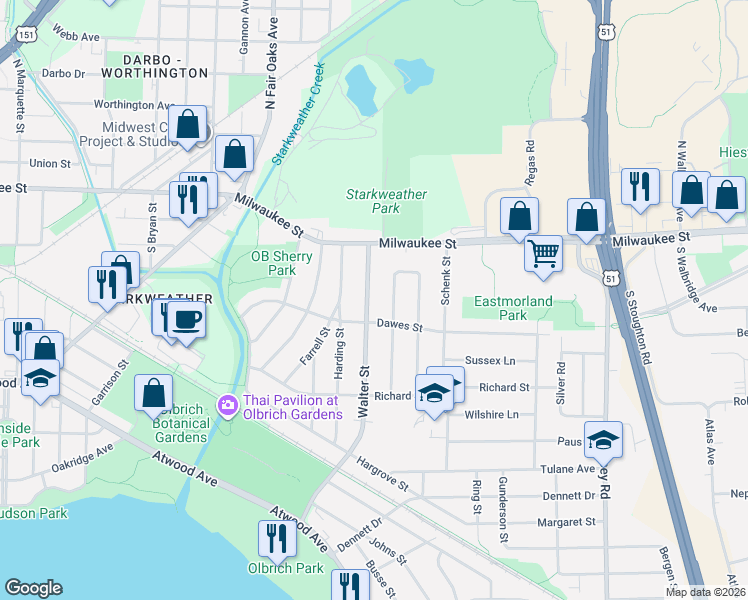 map of restaurants, bars, coffee shops, grocery stores, and more near 41 Walter Street in Madison