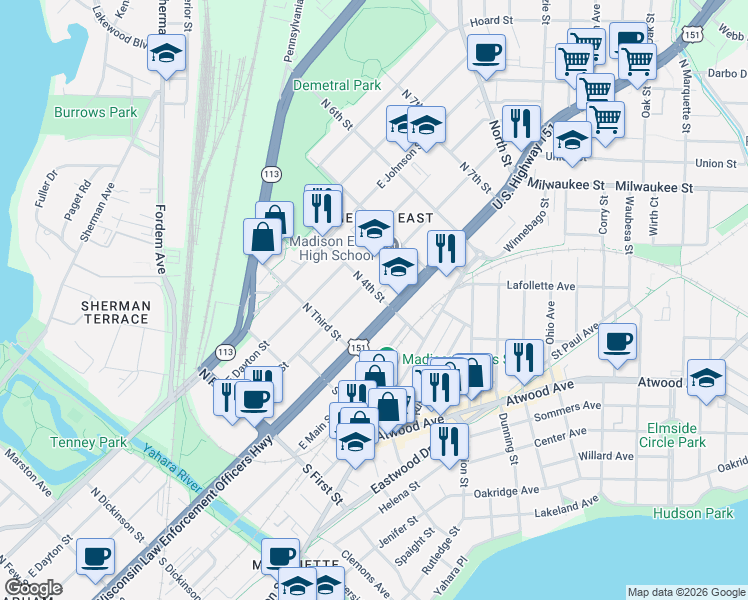 map of restaurants, bars, coffee shops, grocery stores, and more near 14 North 4th Street in Madison
