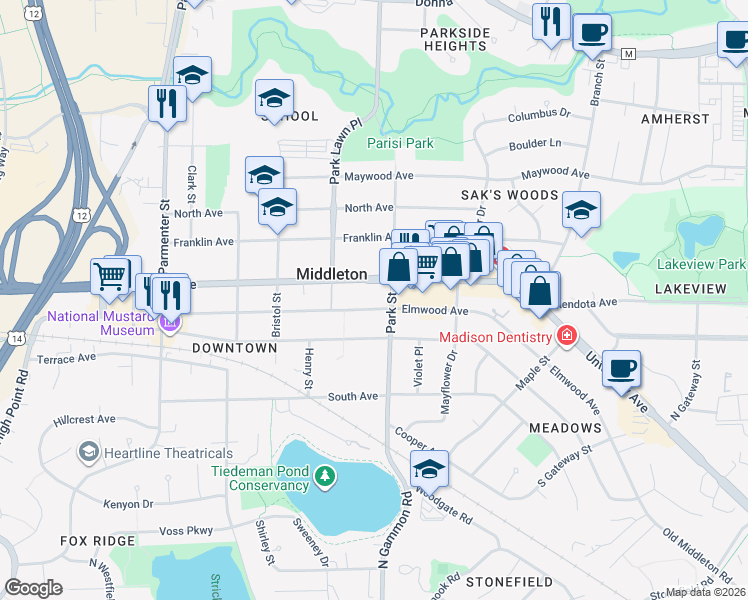 map of restaurants, bars, coffee shops, grocery stores, and more near 1906 Park Street in Middleton