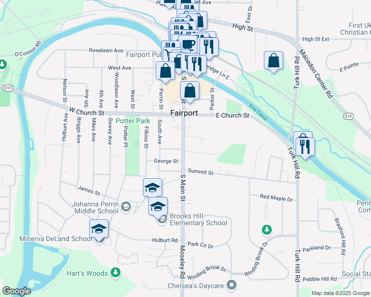 map of restaurants, bars, coffee shops, grocery stores, and more near 147 New York 250 in Fairport