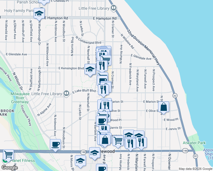 map of restaurants, bars, coffee shops, grocery stores, and more near 4428 North Oakland Avenue in Shorewood