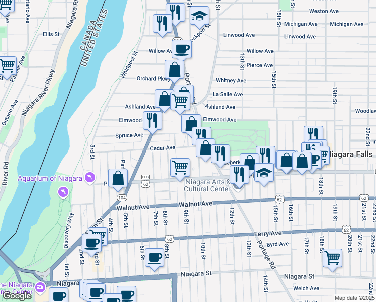map of restaurants, bars, coffee shops, grocery stores, and more near 901 Cedar Avenue in Niagara Falls