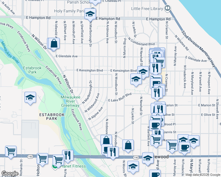 map of restaurants, bars, coffee shops, grocery stores, and more near 4439 North Woodburn Street in Shorewood