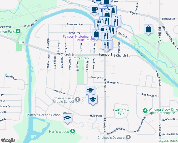 map of restaurants, bars, coffee shops, grocery stores, and more near 37 Filkins Street in Fairport