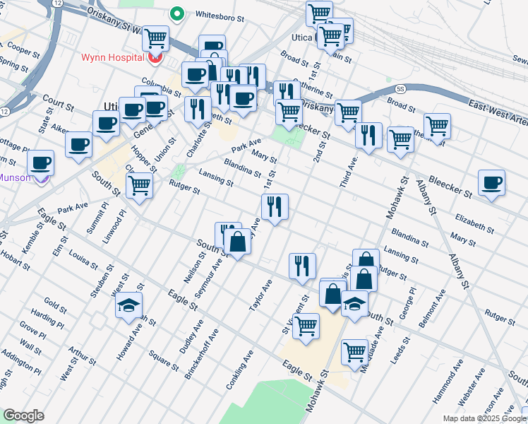 map of restaurants, bars, coffee shops, grocery stores, and more near 403 Rutger Street in Utica