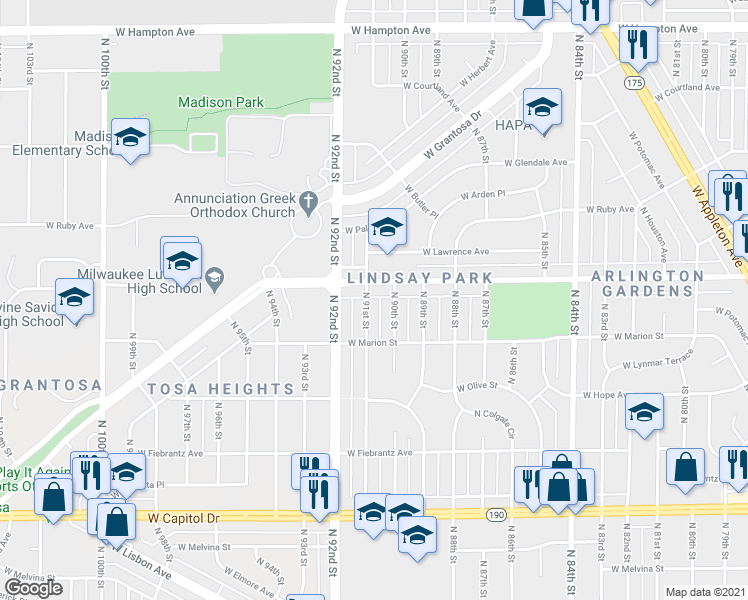 map of restaurants, bars, coffee shops, grocery stores, and more near 4362 North 91st Street in Milwaukee