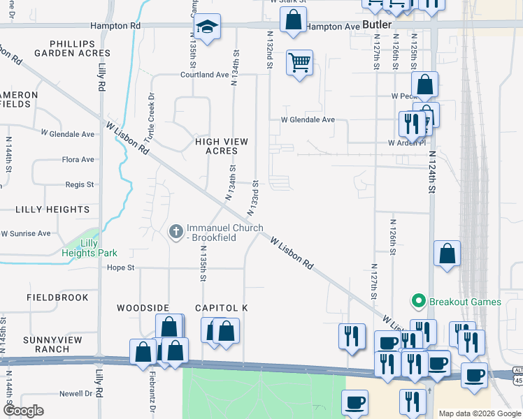 map of restaurants, bars, coffee shops, grocery stores, and more near 4360 North 133rd Street in Brookfield