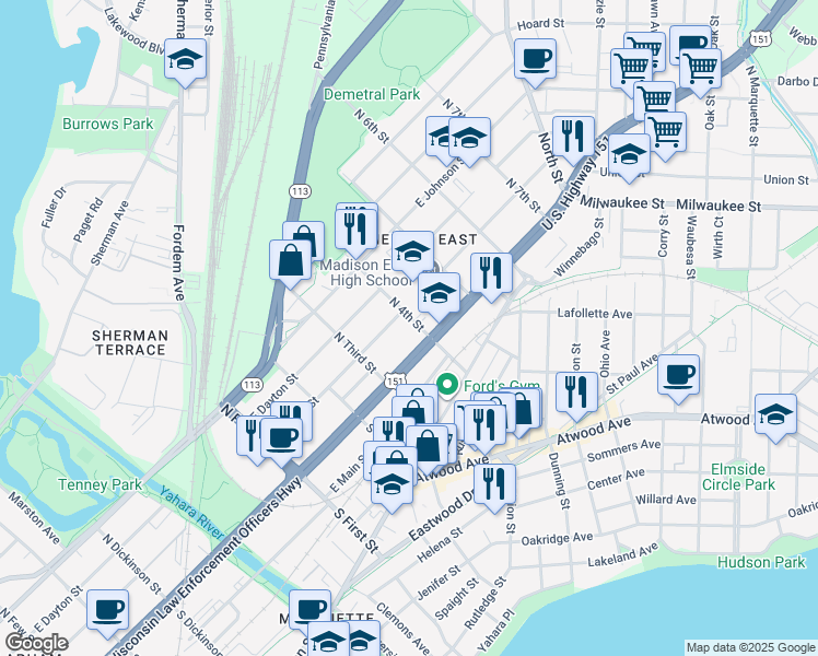 map of restaurants, bars, coffee shops, grocery stores, and more near 14 North 4th Street in Madison