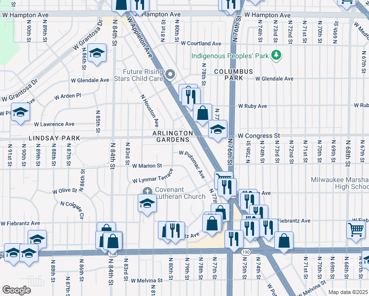 map of restaurants, bars, coffee shops, grocery stores, and more near 7908 West Potomac Avenue in Milwaukee