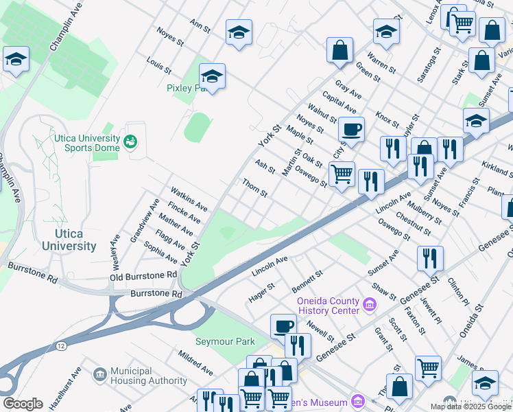 map of restaurants, bars, coffee shops, grocery stores, and more near 1312 Butternut Street in Utica
