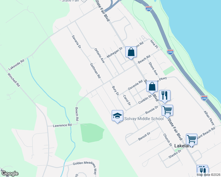 map of restaurants, bars, coffee shops, grocery stores, and more near 106 Bury Dr in Syracuse
