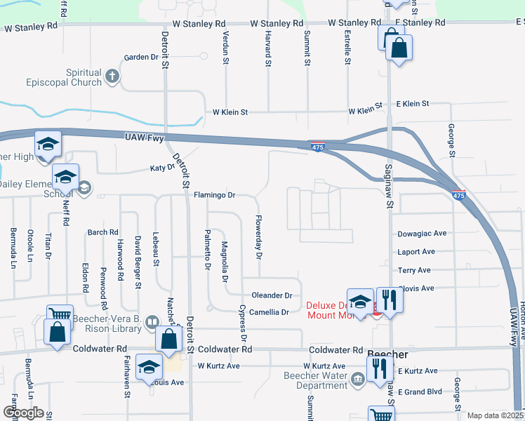 map of restaurants, bars, coffee shops, grocery stores, and more near 6214 Flowerday Drive in Mount Morris