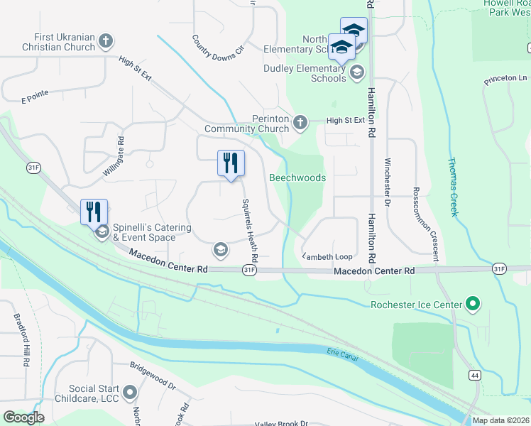 map of restaurants, bars, coffee shops, grocery stores, and more near 15 Squirrels Heath Road in Fairport