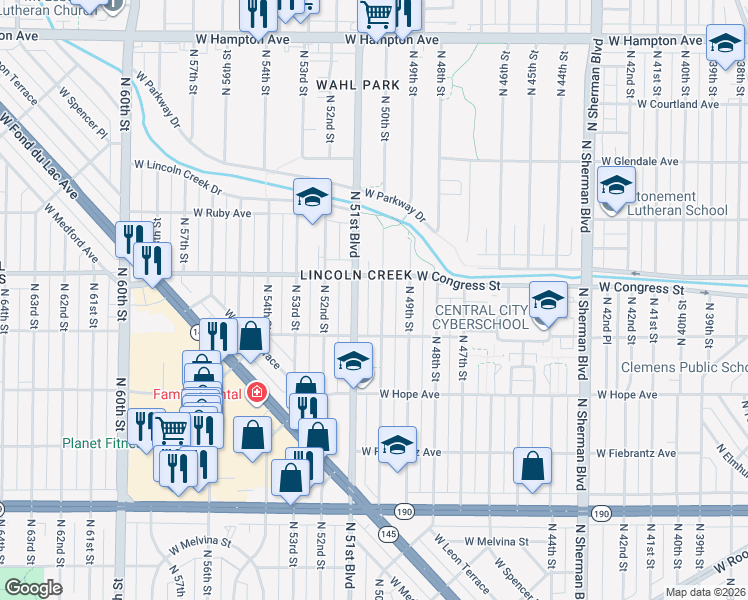 map of restaurants, bars, coffee shops, grocery stores, and more near 4356 North 51st Boulevard in Milwaukee