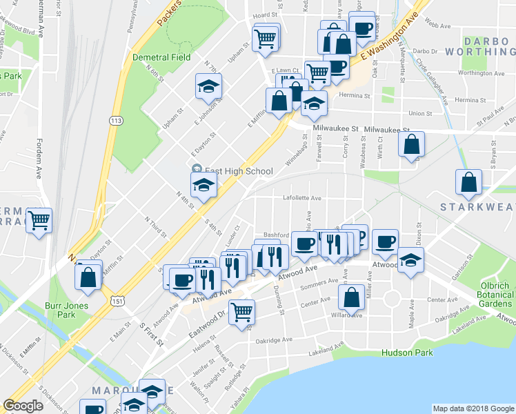 map of restaurants, bars, coffee shops, grocery stores, and more near 137 Division Street in Madison