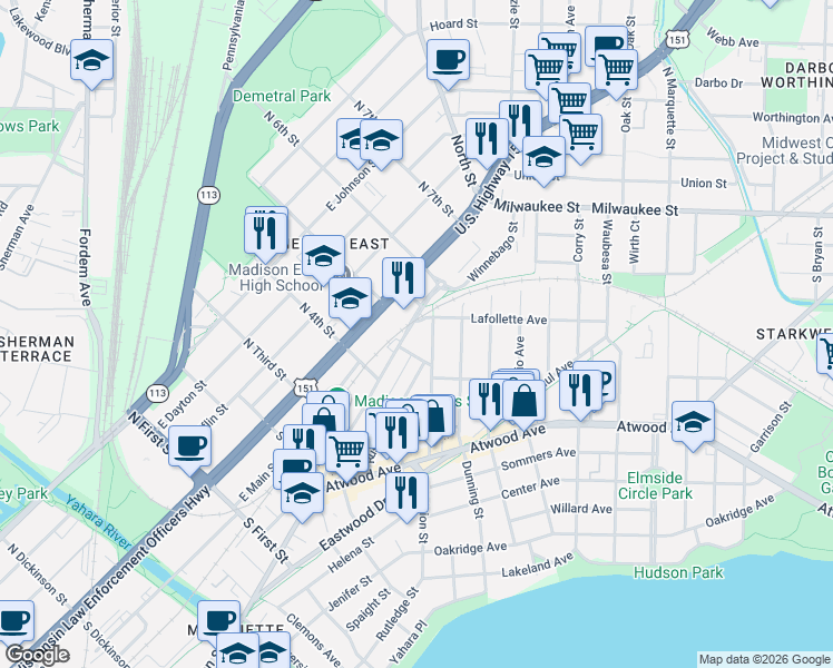map of restaurants, bars, coffee shops, grocery stores, and more near 2245 Winnebago Street in Madison