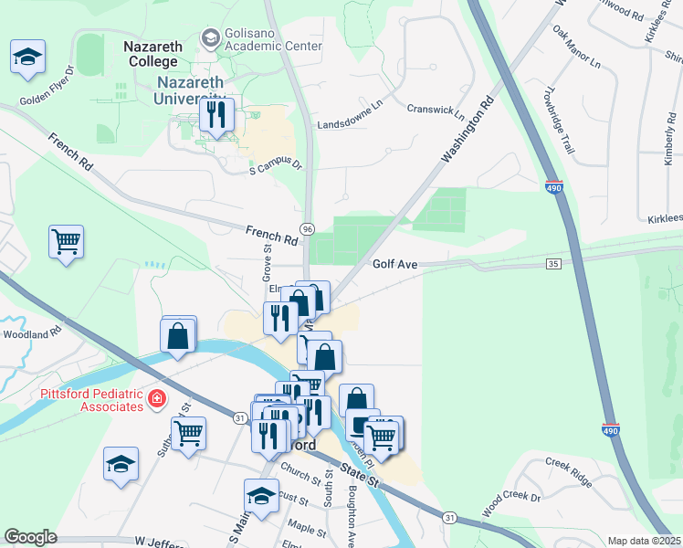 map of restaurants, bars, coffee shops, grocery stores, and more near 21 Washington Road in Pittsford
