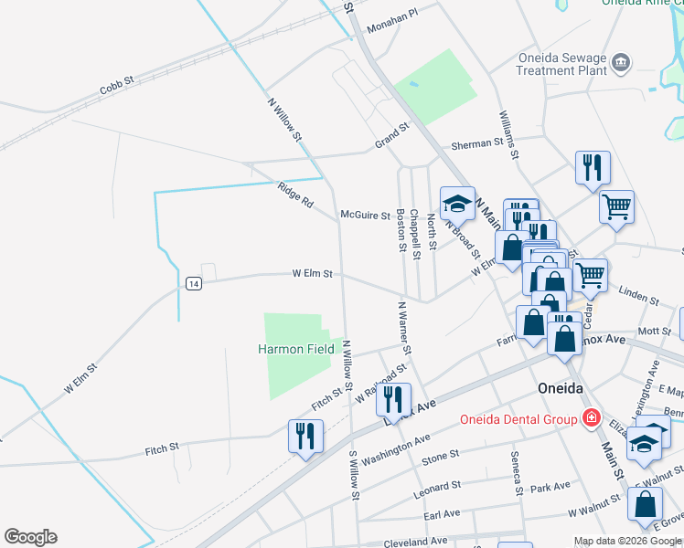 map of restaurants, bars, coffee shops, grocery stores, and more near 200 North Willow Street in Oneida