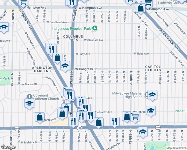 map of restaurants, bars, coffee shops, grocery stores, and more near 4345 North 73rd Street in Milwaukee