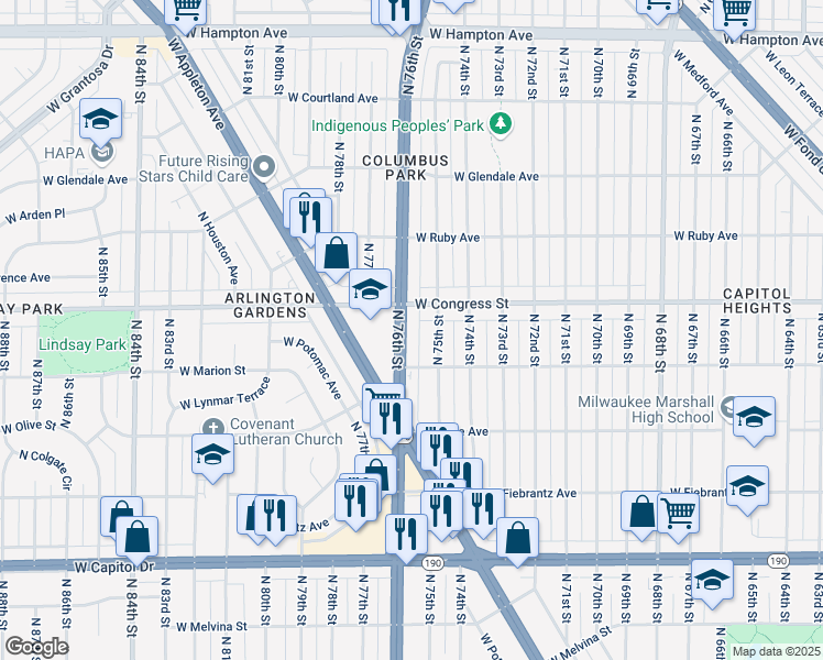 map of restaurants, bars, coffee shops, grocery stores, and more near 4346 North 76th Street in Milwaukee