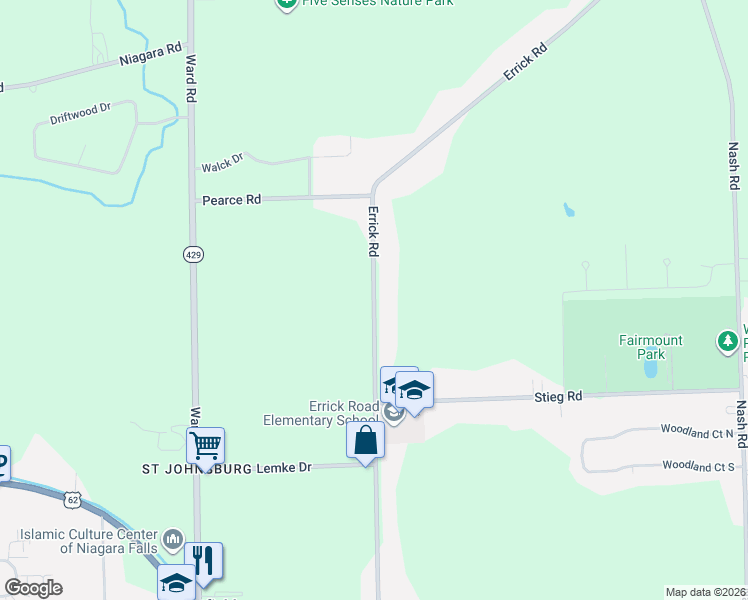 map of restaurants, bars, coffee shops, grocery stores, and more near Errick Road in Wheatfield