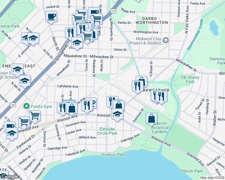 map of restaurants, bars, coffee shops, grocery stores, and more near 121 South Marquette Street in Madison