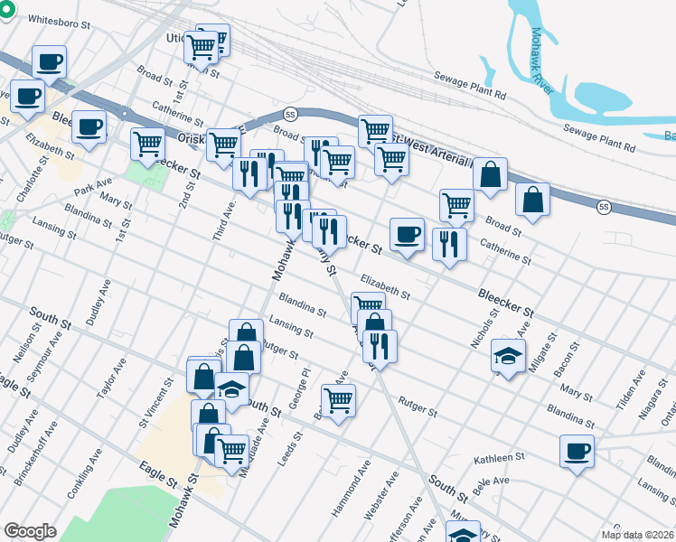 map of restaurants, bars, coffee shops, grocery stores, and more near 726 Elizabeth Street in Utica