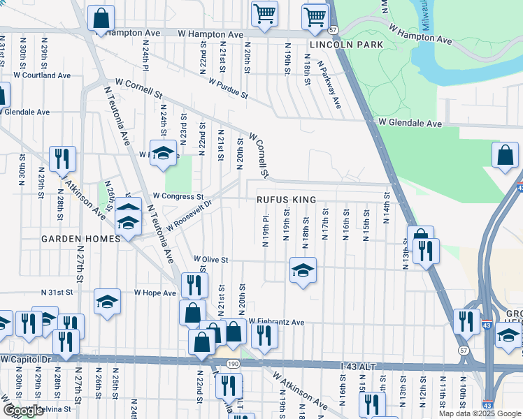 map of restaurants, bars, coffee shops, grocery stores, and more near 4353 North 19th Place in Milwaukee