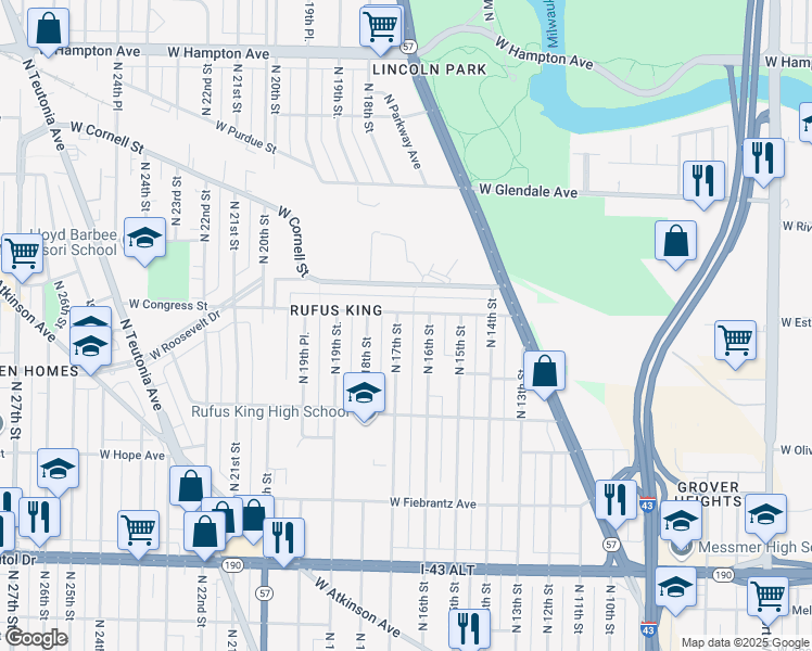 map of restaurants, bars, coffee shops, grocery stores, and more near 4368A North 17th Street in Milwaukee