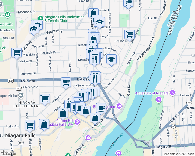 map of restaurants, bars, coffee shops, grocery stores, and more near 4768 McDougall Crescent in Niagara Falls