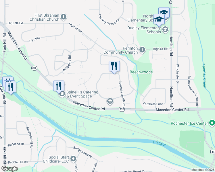 map of restaurants, bars, coffee shops, grocery stores, and more near 12 Timway Court in Fairport