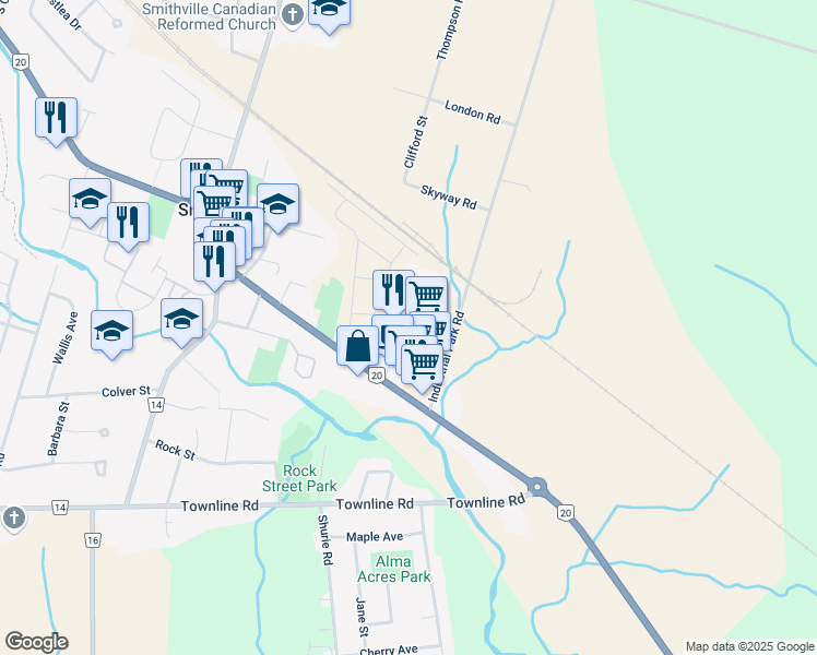 map of restaurants, bars, coffee shops, grocery stores, and more near 144 Dufferin Street in Smithville