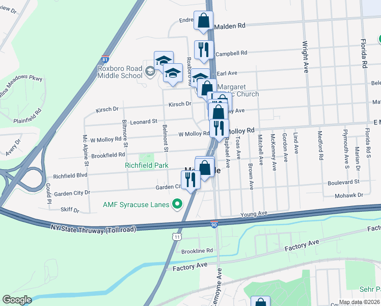 map of restaurants, bars, coffee shops, grocery stores, and more near 107 Brookfield Road in Mattydale