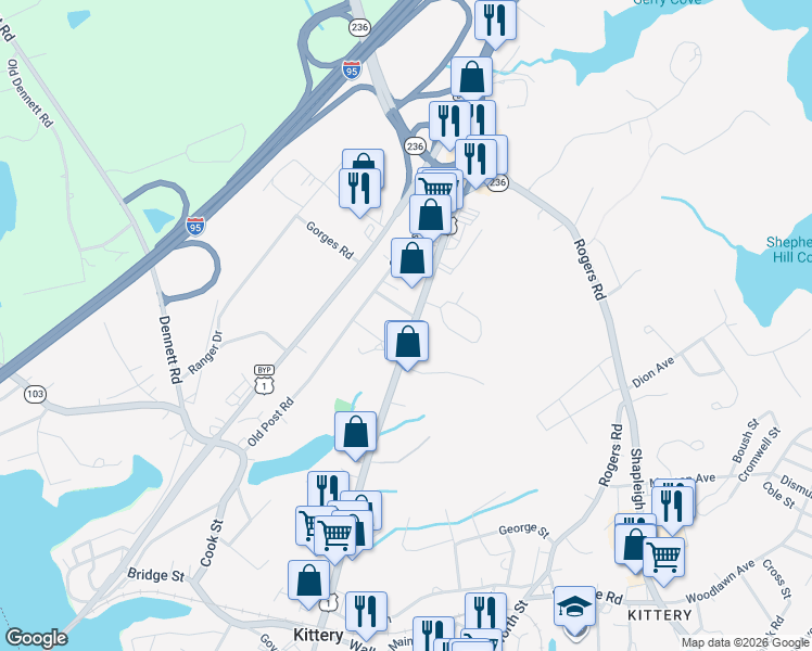 map of restaurants, bars, coffee shops, grocery stores, and more near 129 State Road in Kittery