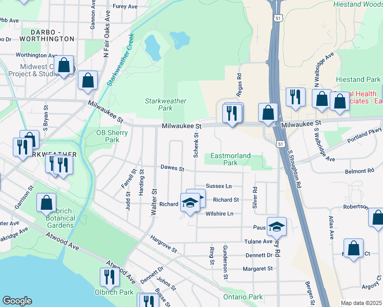 map of restaurants, bars, coffee shops, grocery stores, and more near 42 Schenk Street in Madison