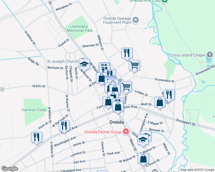 map of restaurants, bars, coffee shops, grocery stores, and more near 102 North Main Street in Oneida