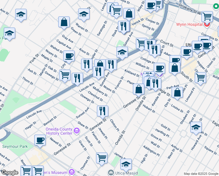 map of restaurants, bars, coffee shops, grocery stores, and more near 712 Noyes Street in Utica