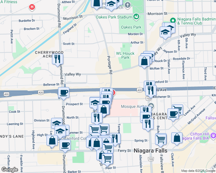 map of restaurants, bars, coffee shops, grocery stores, and more near 5365 Portage Road in Niagara Falls