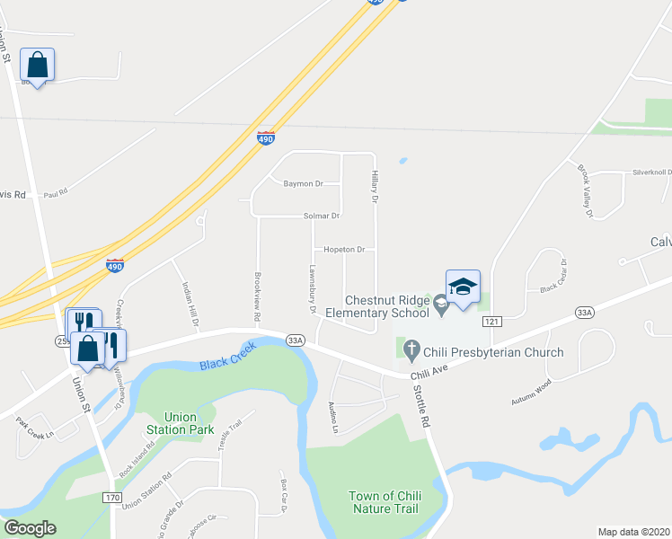 map of restaurants, bars, coffee shops, grocery stores, and more near 29 Sunridge Drive in Rochester