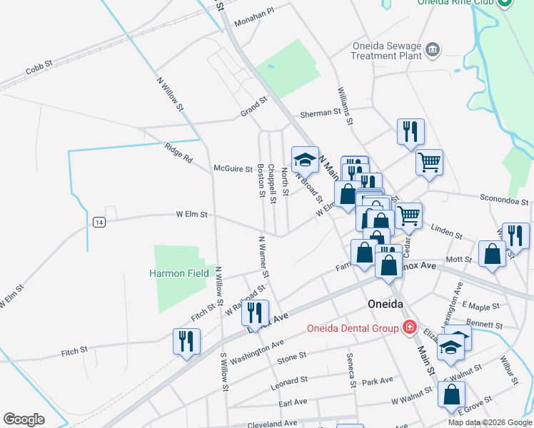 map of restaurants, bars, coffee shops, grocery stores, and more near 214 Boston St in Oneida