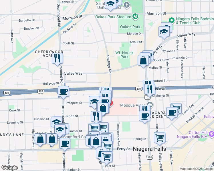 map of restaurants, bars, coffee shops, grocery stores, and more near 5880 Biamonte Crescent in Niagara Falls