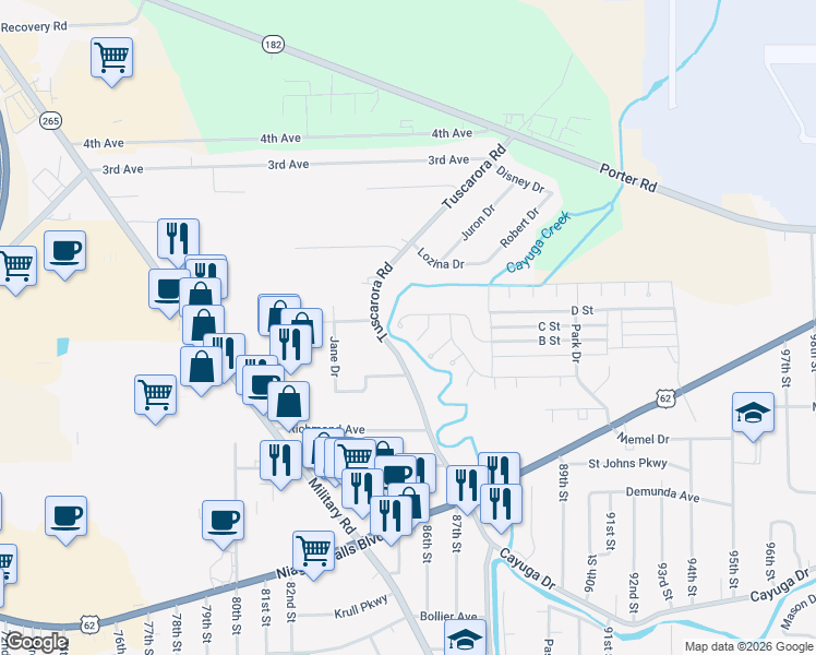 map of restaurants, bars, coffee shops, grocery stores, and more near 1219 West Creek Drive in Niagara Falls