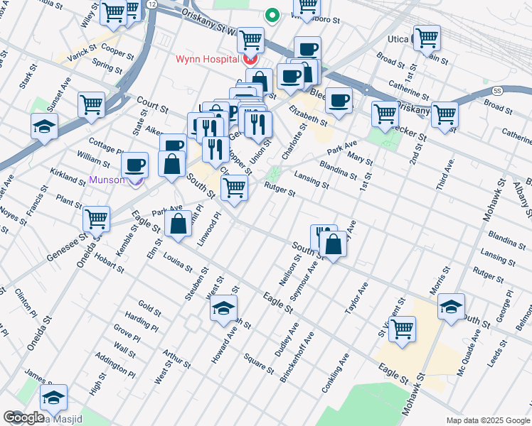 map of restaurants, bars, coffee shops, grocery stores, and more near 1013 West Street in Utica