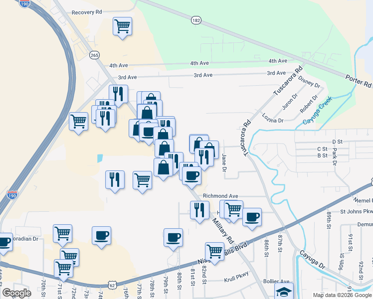 map of restaurants, bars, coffee shops, grocery stores, and more near 8115 Effie Drive in Niagara Falls