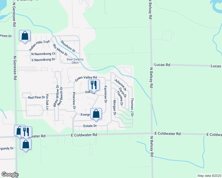 map of restaurants, bars, coffee shops, grocery stores, and more near 61 Green Valley Road in Flint