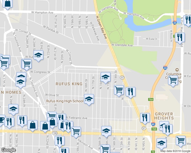 map of restaurants, bars, coffee shops, grocery stores, and more near 4368A North 17th Street in Milwaukee