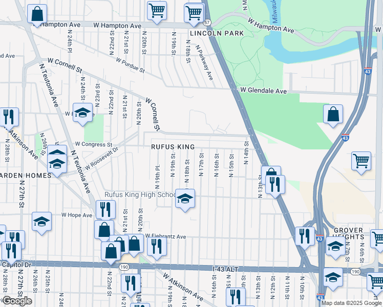 map of restaurants, bars, coffee shops, grocery stores, and more near 4357 North 18th Street in Milwaukee