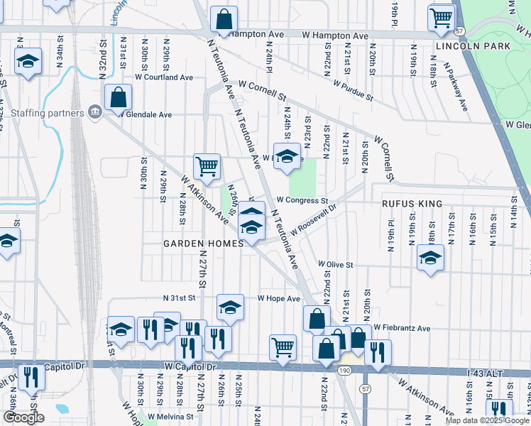map of restaurants, bars, coffee shops, grocery stores, and more near 4353-4355 North 24th Place in Milwaukee