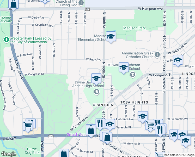map of restaurants, bars, coffee shops, grocery stores, and more near 4341 North 100th Street in Milwaukee