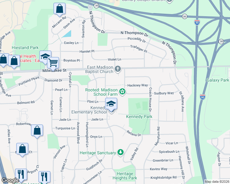 map of restaurants, bars, coffee shops, grocery stores, and more near 5013 Sudbury Way in Madison